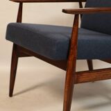 Scandinavian armchair navy blue natural wool dark brown wood design by H.Lis