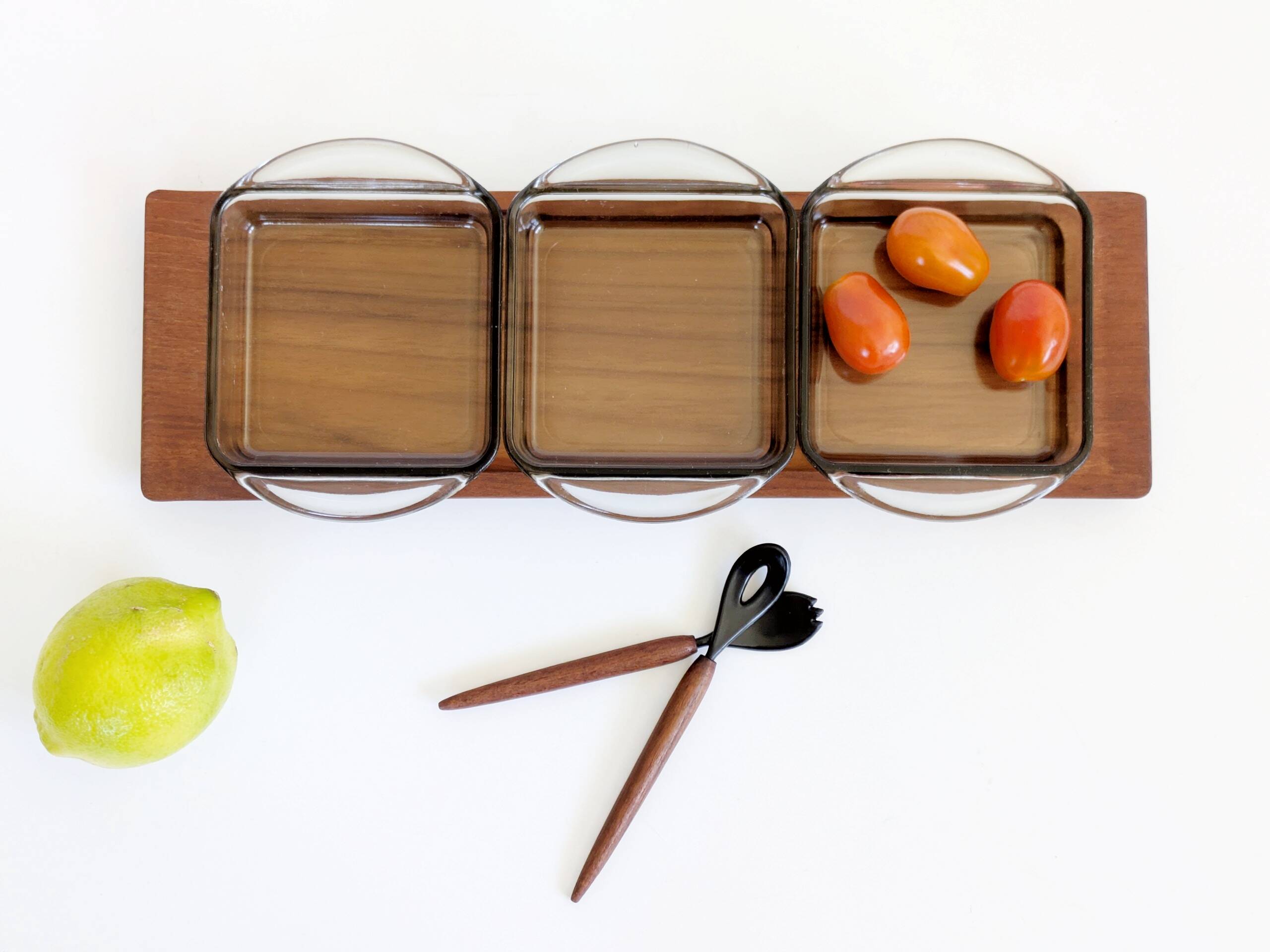 Danish vintage service teak tray, smoked glass bowls, spoon fork.