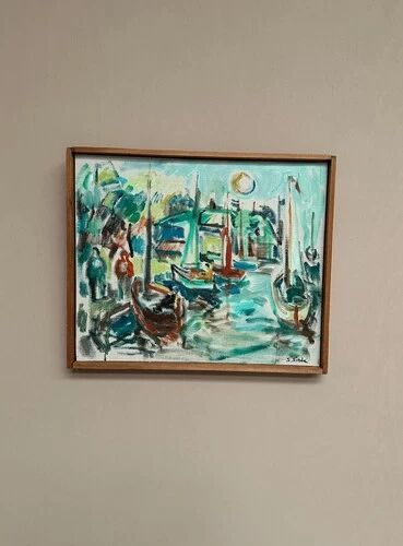 Original Swedish Oil on Canvas" Harbor" By Sven Sinde, Vintage & Framed 47×38cm