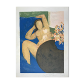 Lithograph on vellum signed by Berdal, Female Nude lying on a sofa