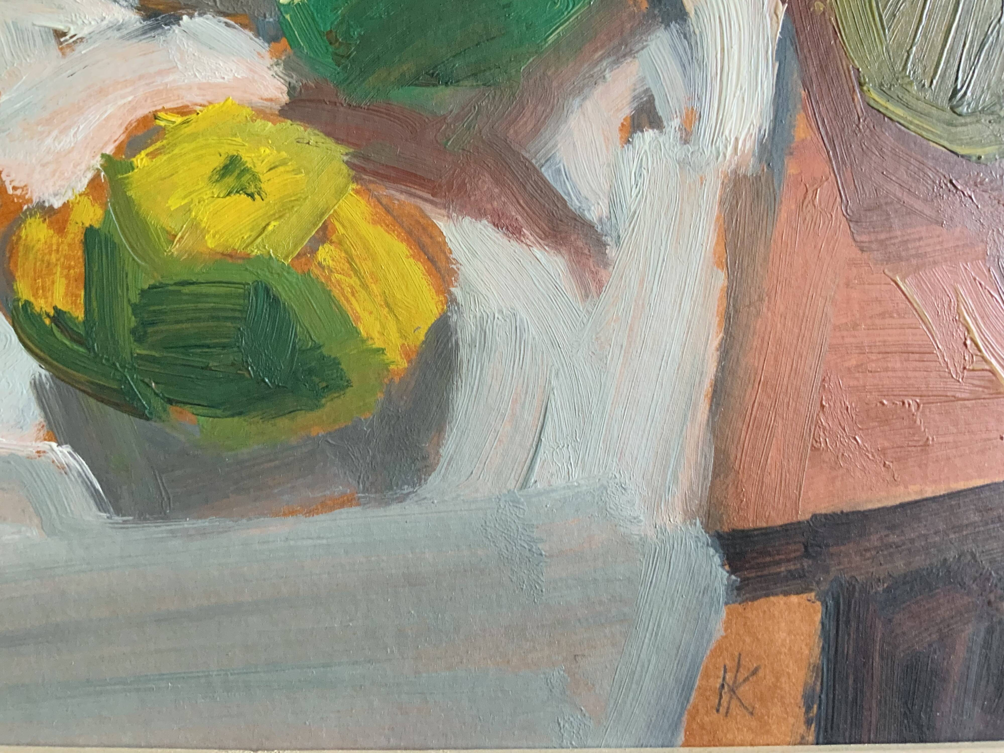 Original Modernist artwork still life with fruits and blue teapot 1950s