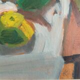 Oeuvre moderniste originale nature morte avec des fruits et une théière bleue des années 1950
