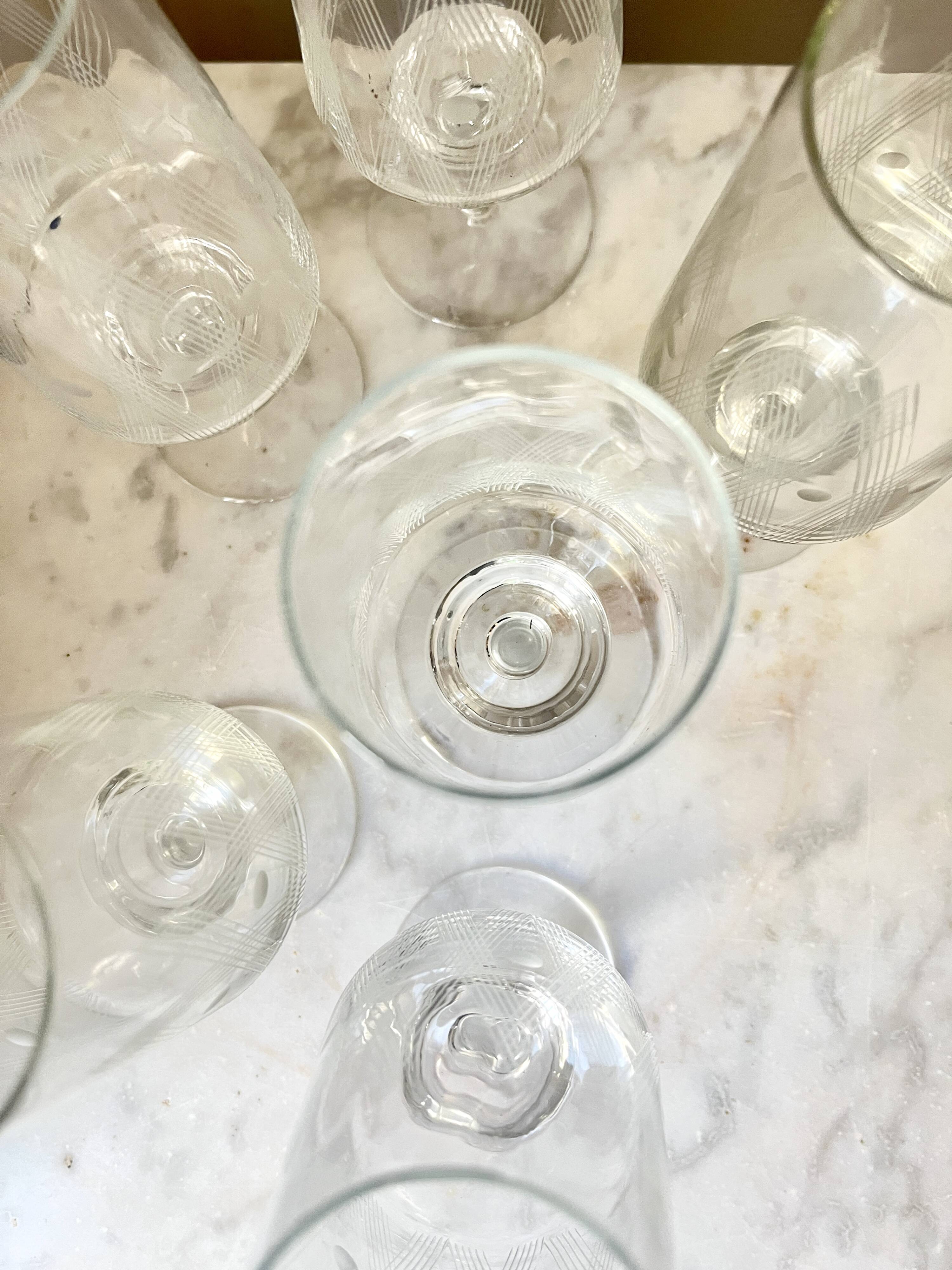 Vintage Set of 6 Etched Crystal Glasses for Wine or Cocktail,  1960s Mid-Ce
