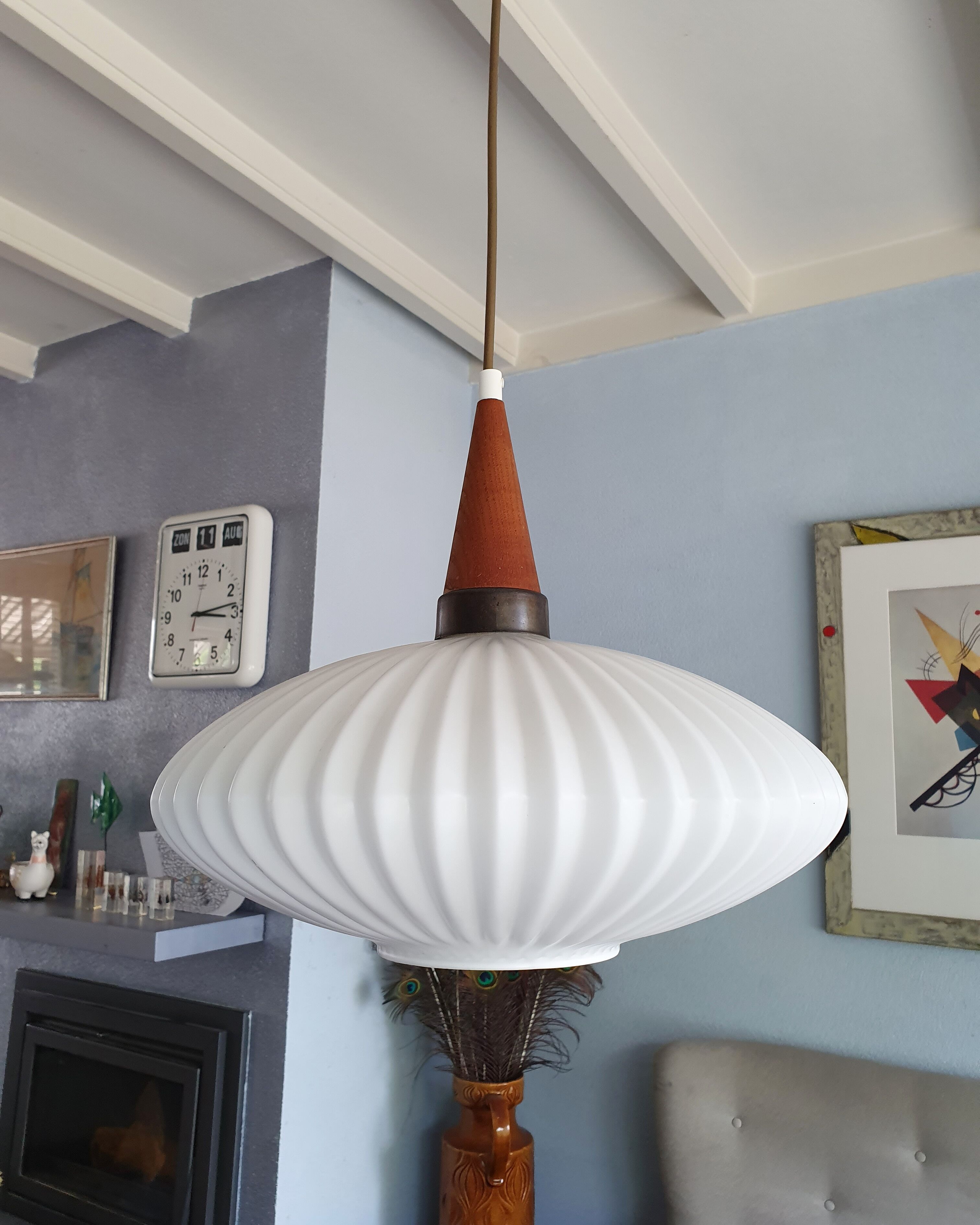 Seventies pleated glass pendant light, space, Danish design