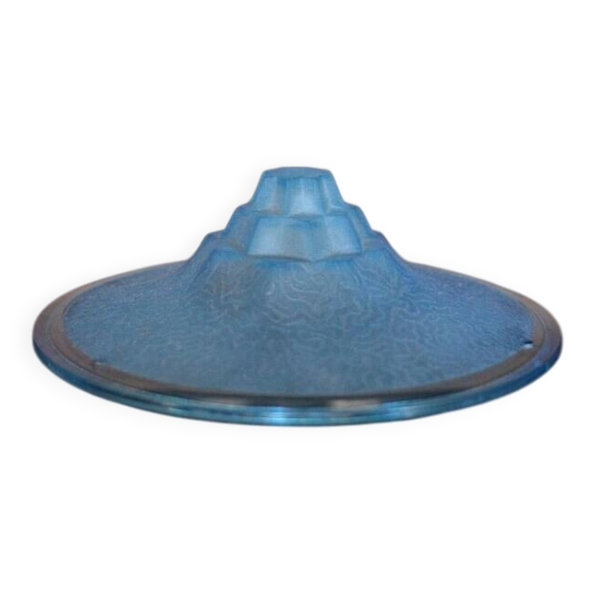 Vintage Art Deco ceiling light, suspension bowl with geometric patterns, blue dish, interior decor.