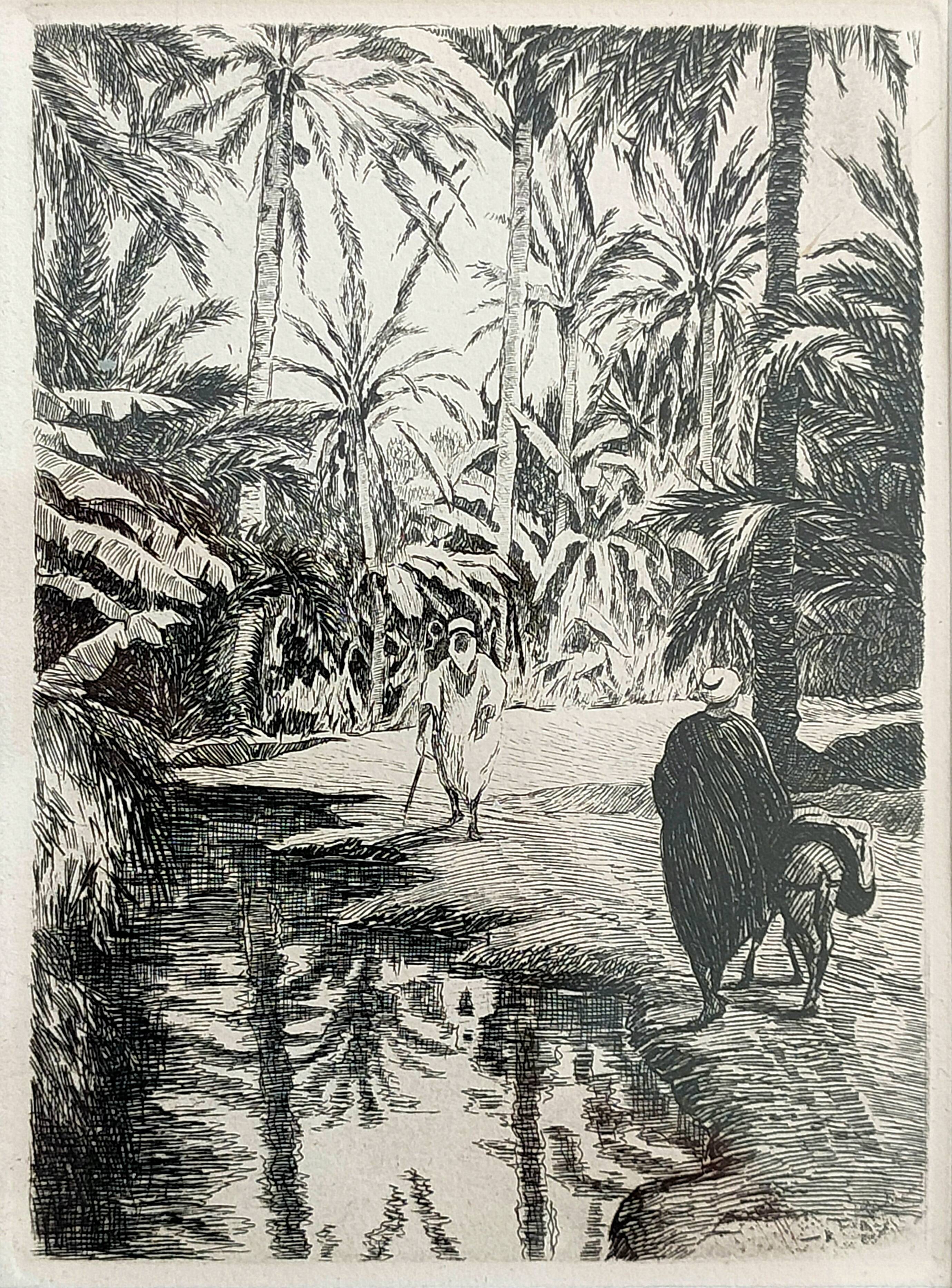 Painting signed frey? – etching – orientalist, oasis – period 1930