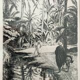 Painting signed frey? – etching – orientalist, oasis – period 1930