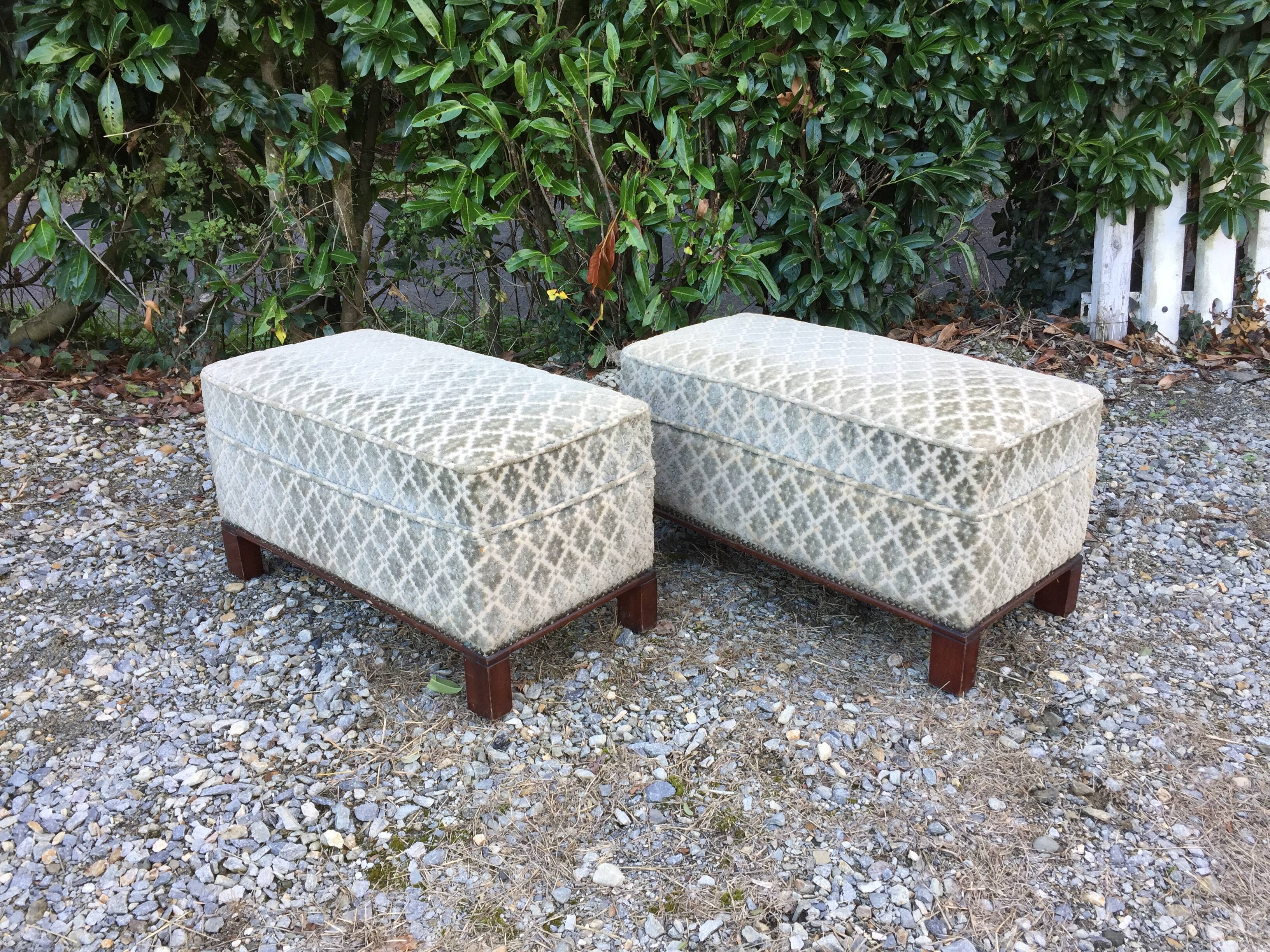 Duo of vintage velvet poufs and walnut base