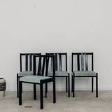 Set of 4 modernist black chairs with light blue ribbed fabric