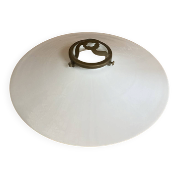 Suspension Ancienne Abat Jour Assiette Opaline Blanc + Laiton Vintage