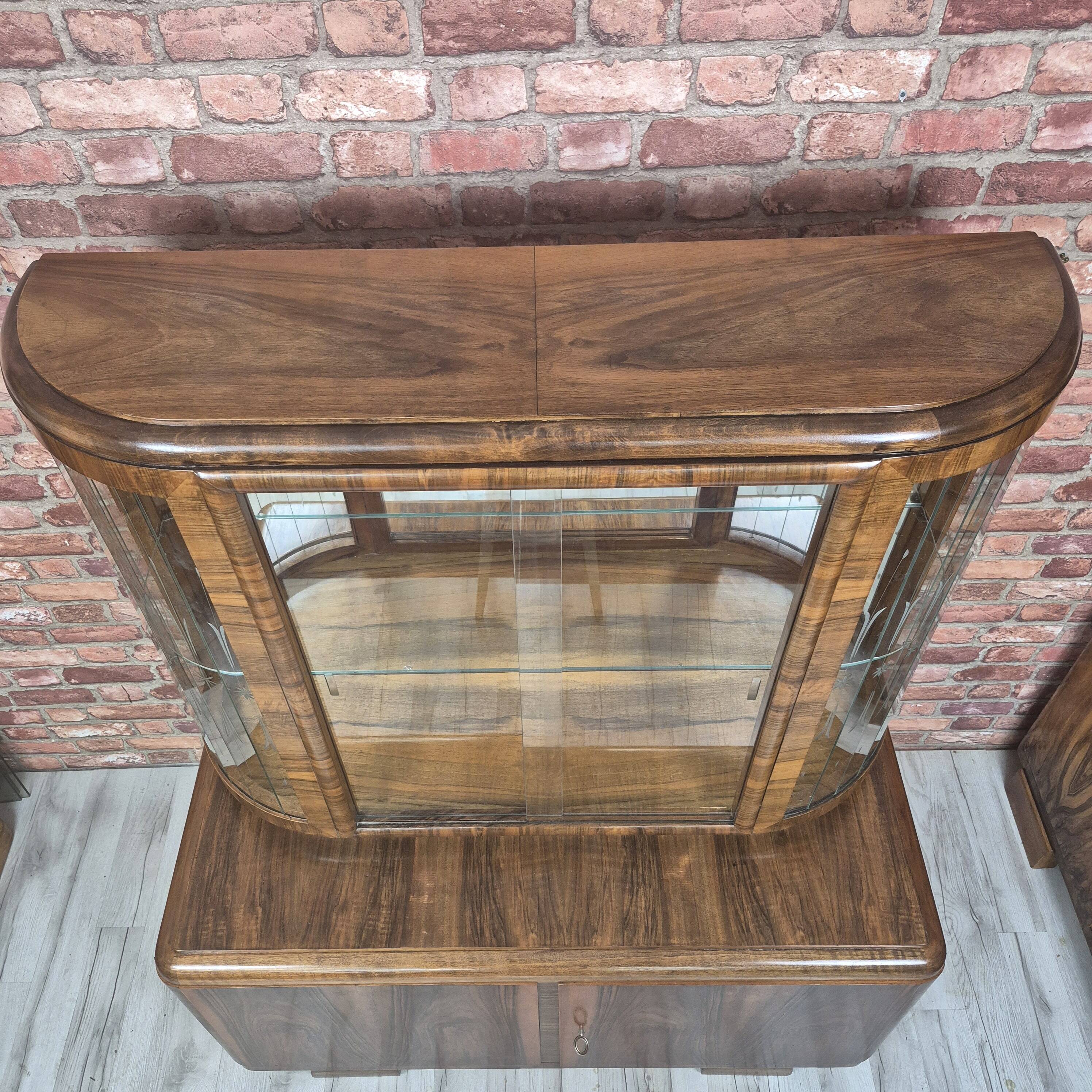 Restored Art Deco Walnut Display Cabinet with Engraved Glass Slats - 1930s