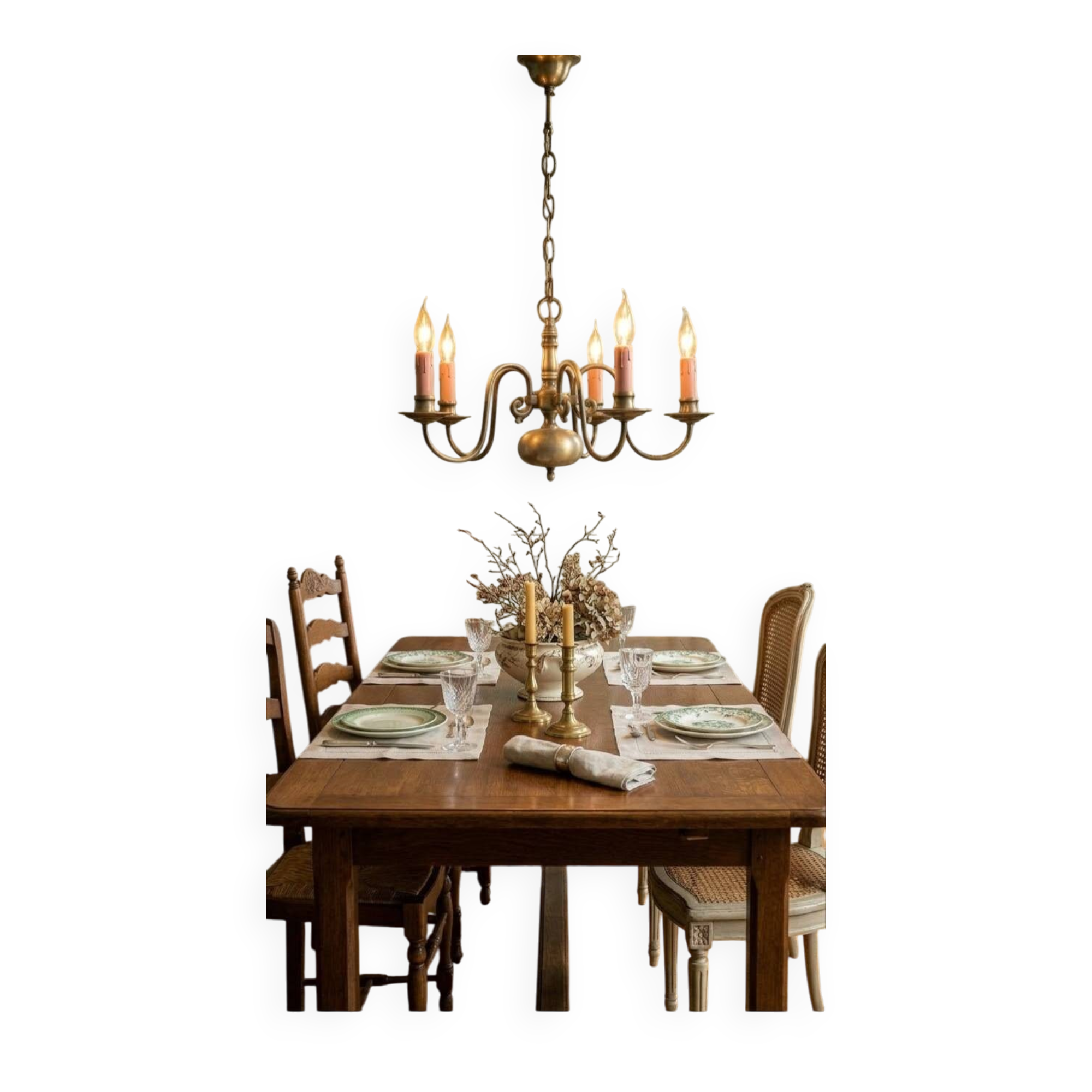 Magnificent Vintage Dutch Chandelier in Patinated Brass – 5 Arms