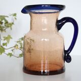 Bubble glass jug made by French craftsmen, blue and orange