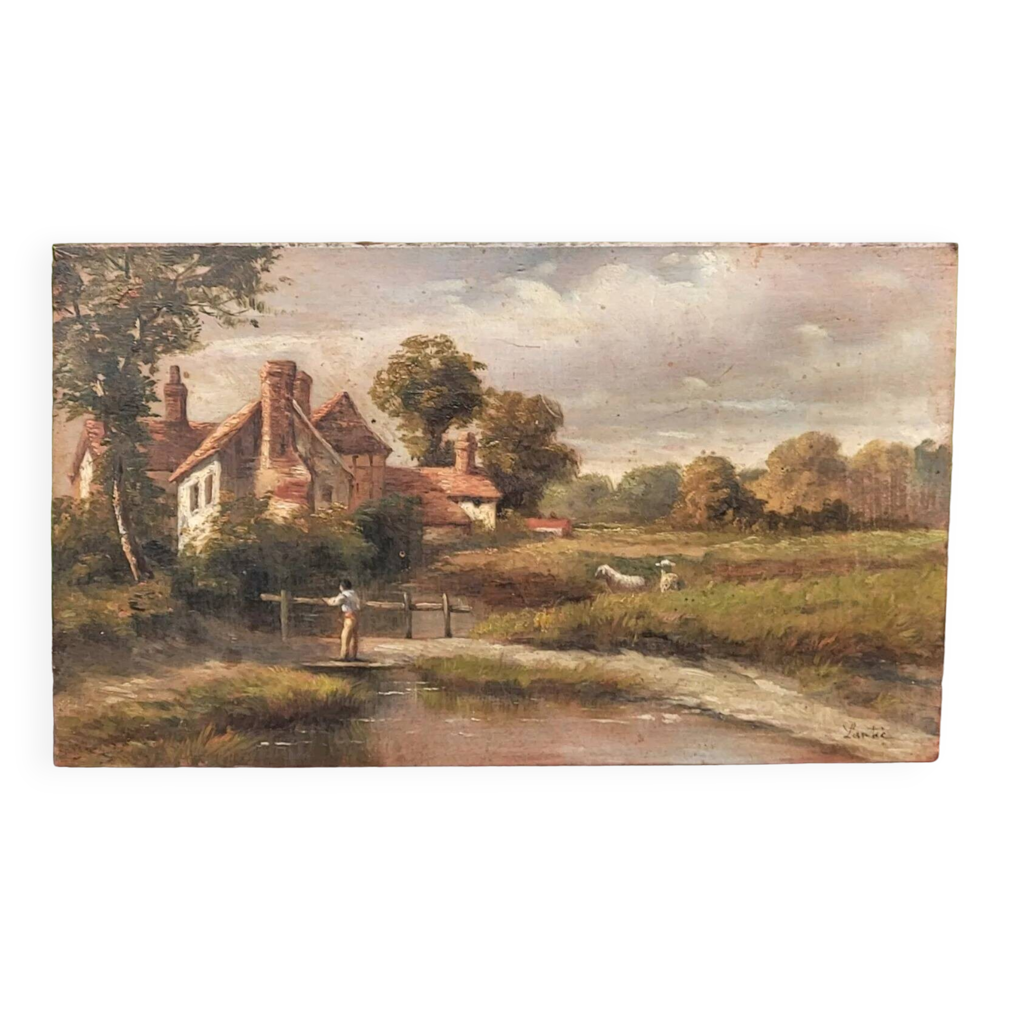 Peinture Ancienne Signée et Datée Paysage Animé Peinture à l'Huile sur Panneau de Bois