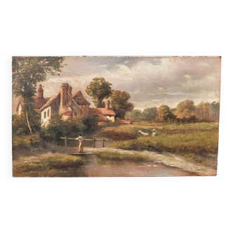 Antique Painting Signed and Dated Animated Landscape Oil Painting on Wood Panel