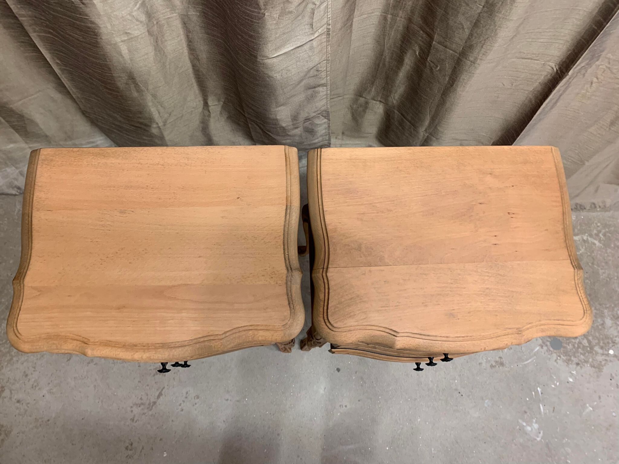 Pair of Louis XV style bedside tables with raw wood appearance