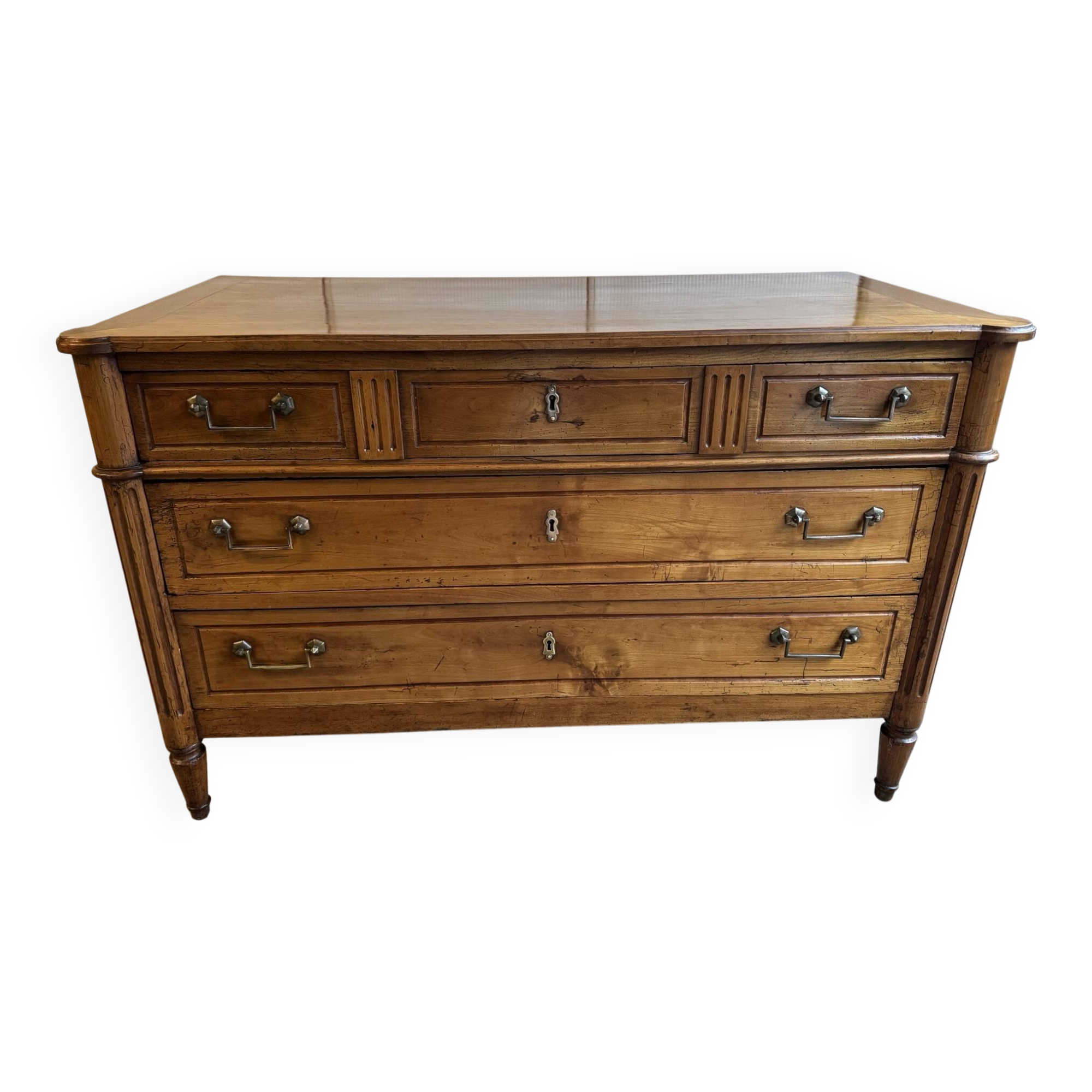 18th-century antique chest of drawers from the Louis XVI period in blonde walnut.