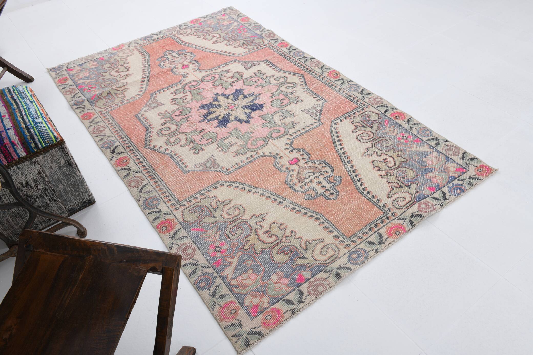 4x7 Pale Orange & Beige Oriental Wool Turkish Vintage Rug, 127x210Cm SK 6787