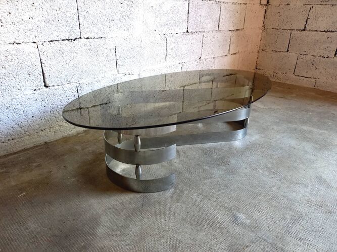Vintage coffee table in smoked glass and chrome metal 70s