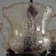 French 5 Light Mid Century Chandelier Wood Metal & Patterned Glass Shades