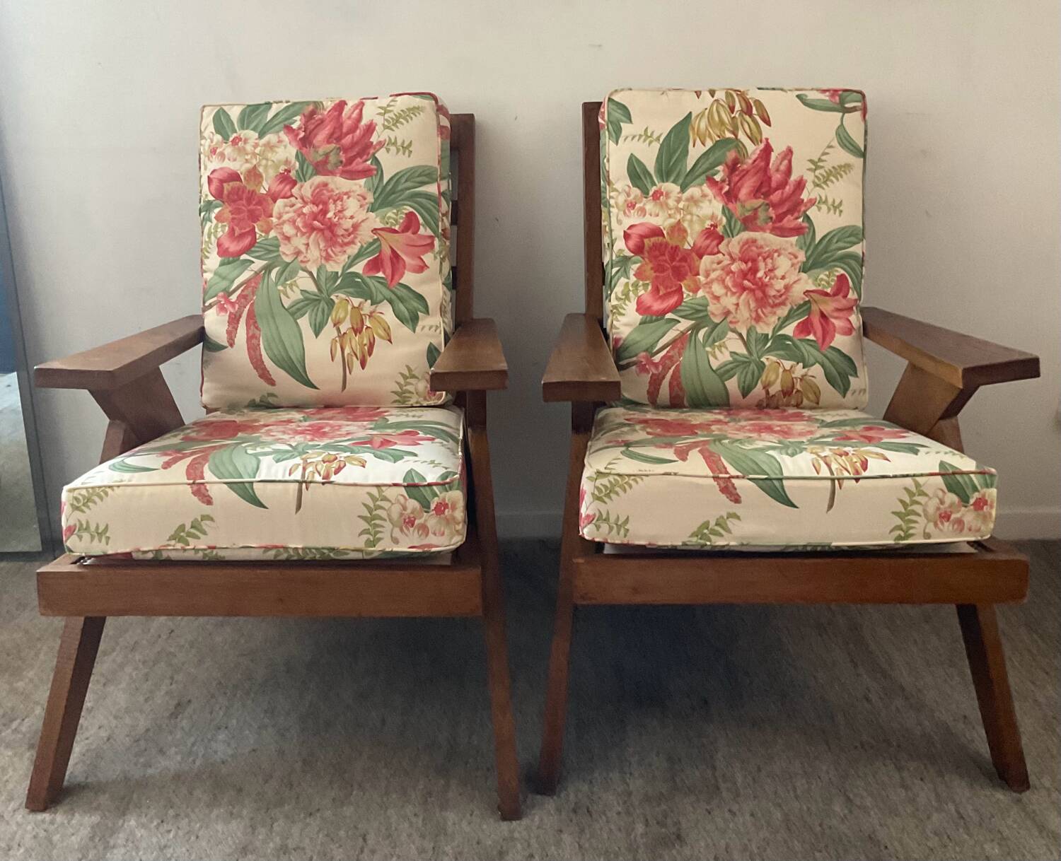 Pair of compass-legged armchairs, 1960s