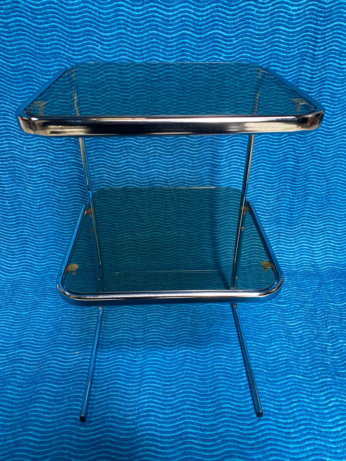 Vintage 1970s coffee table square chrome base u-shaped oval profile
