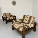 2 vintage 1970s wooden and fabric armchairs