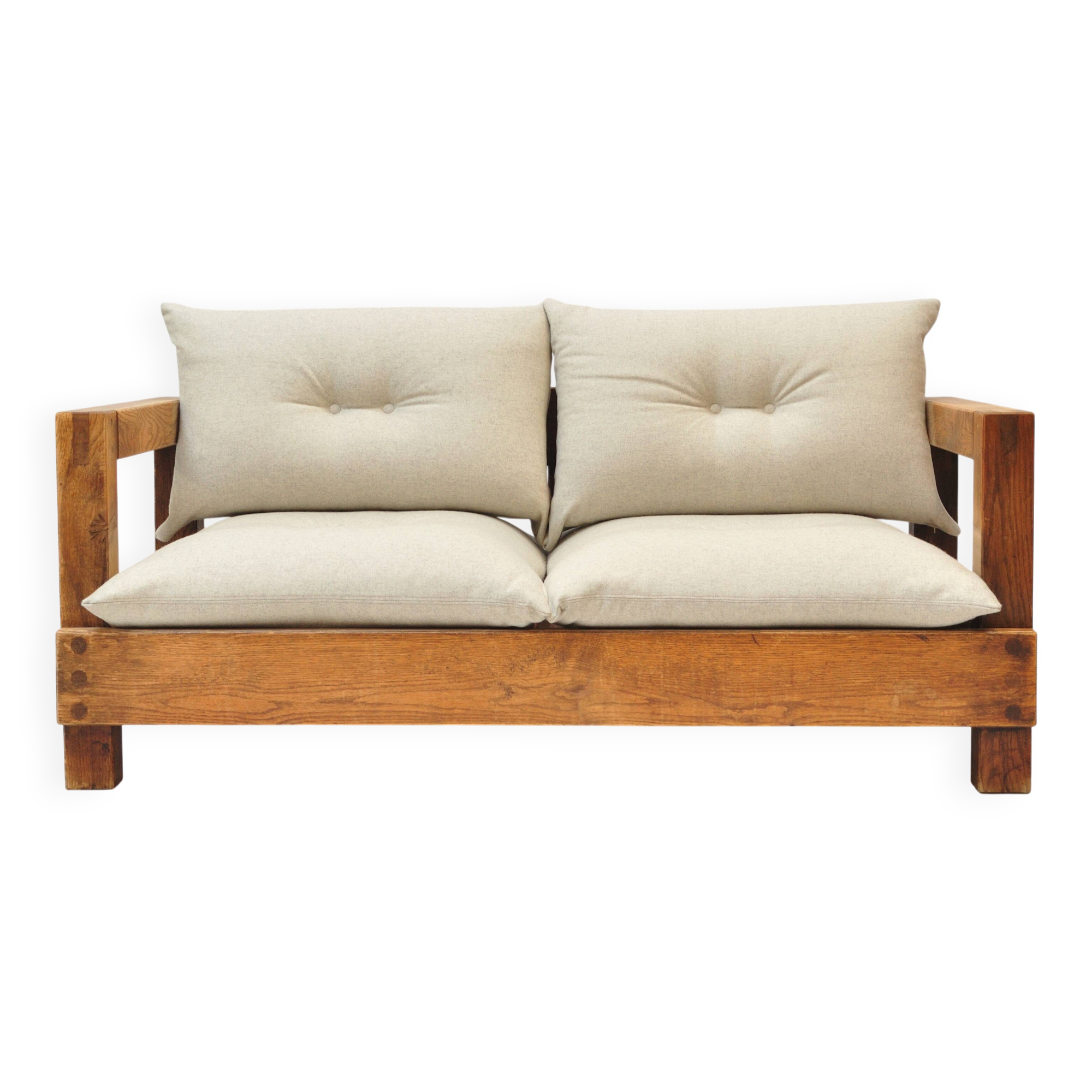 Solid oak two-seater sofa rebuilt in 100% virgin wool