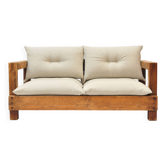 Solid oak two-seater sofa rebuilt in 100% virgin wool