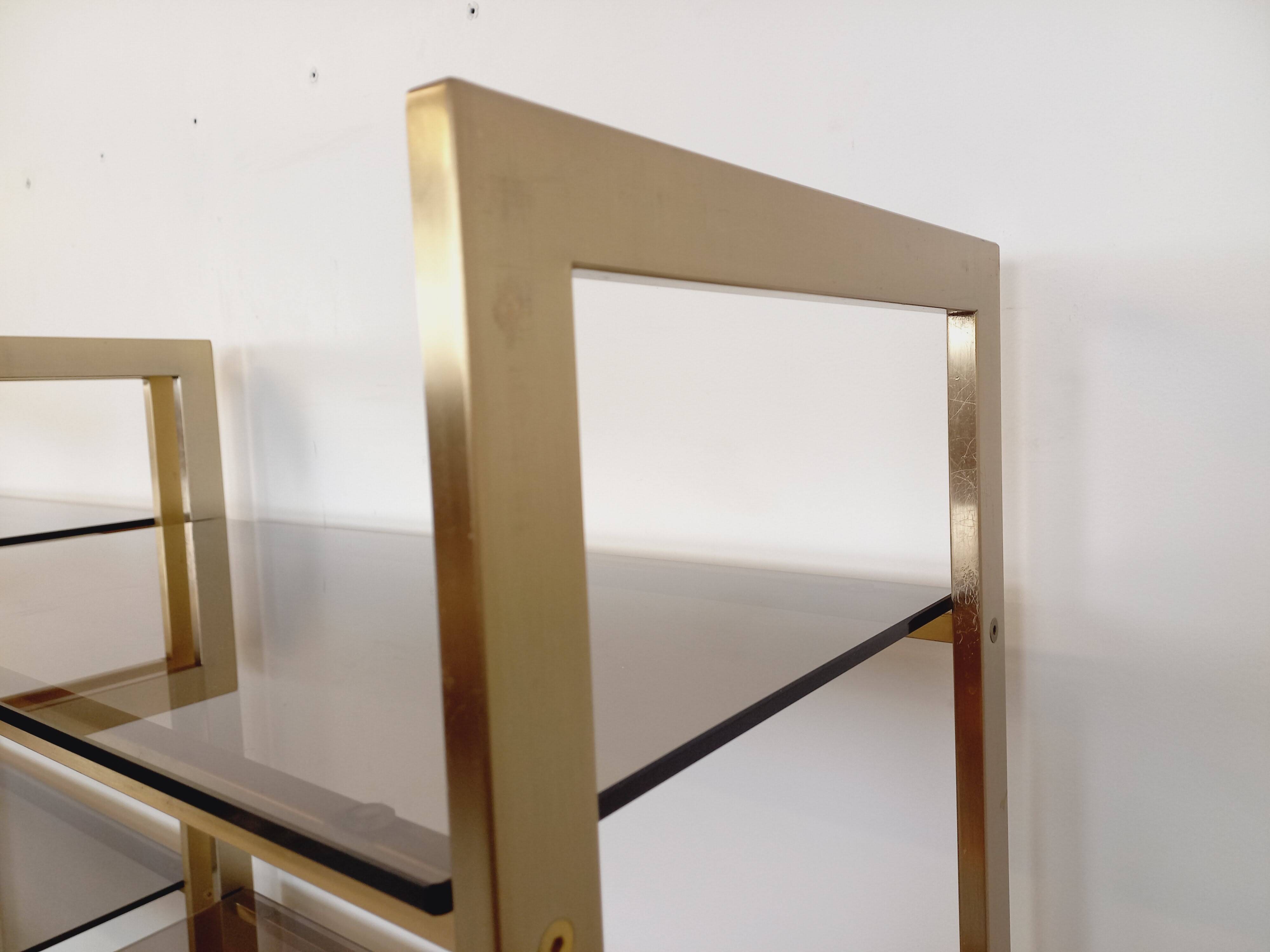 Artelano vintage bookcase shelves in gold metal smoked glass from the 70s