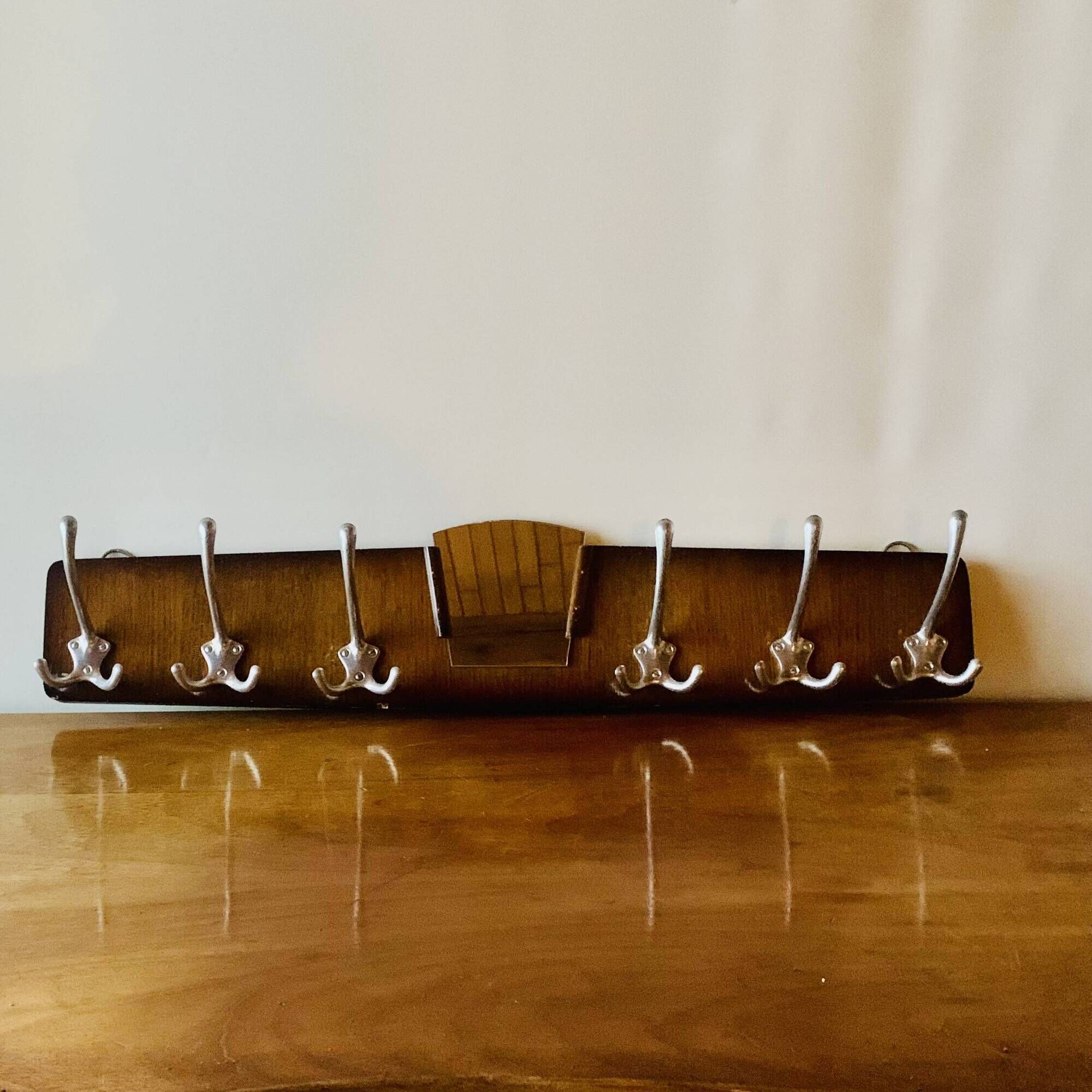 Wooden wall coat rack with vintage mirror - 6 hooks