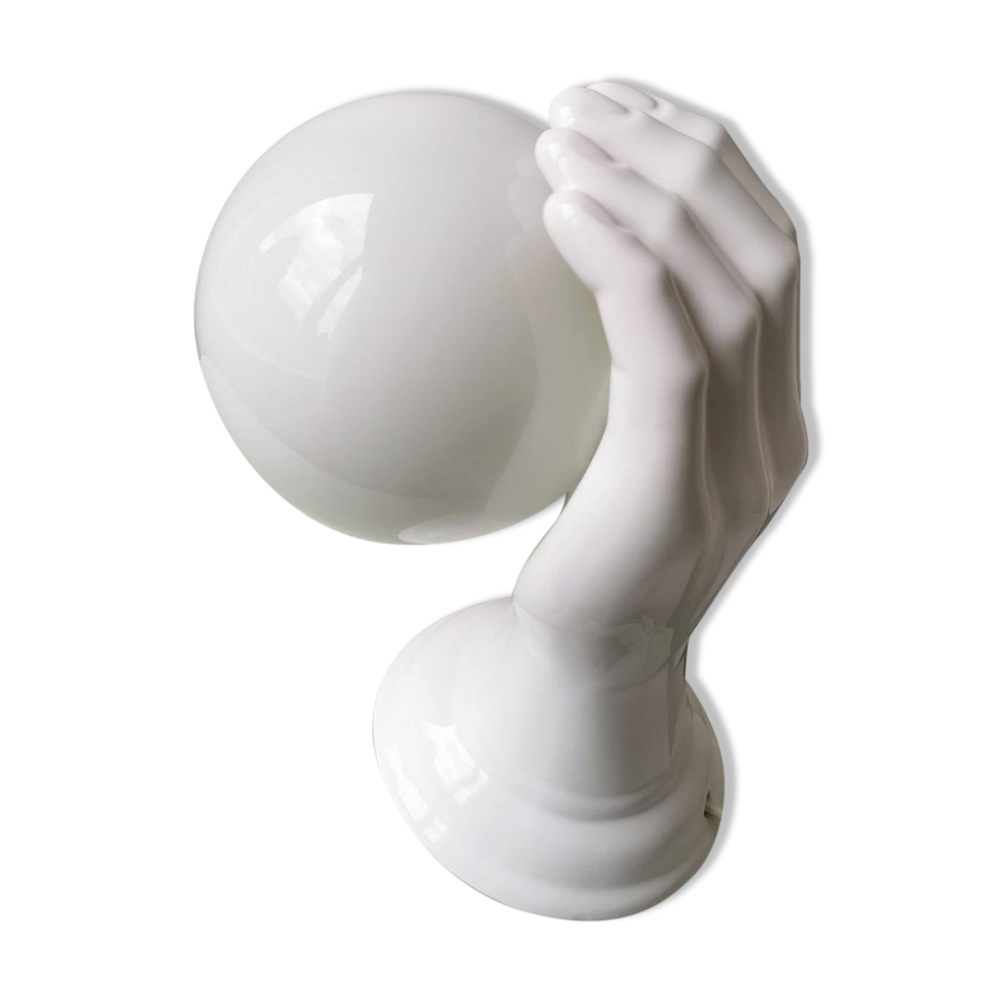 Hand-shaped vintage ceramic table lamp or lamp with a 1980s white glass ball