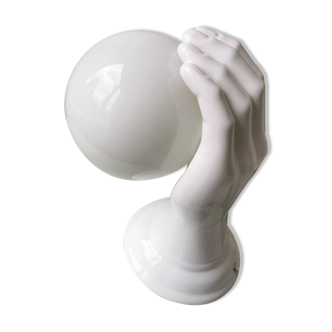 Hand-shaped vintage ceramic table lamp or lamp with a 1980s white glass ball