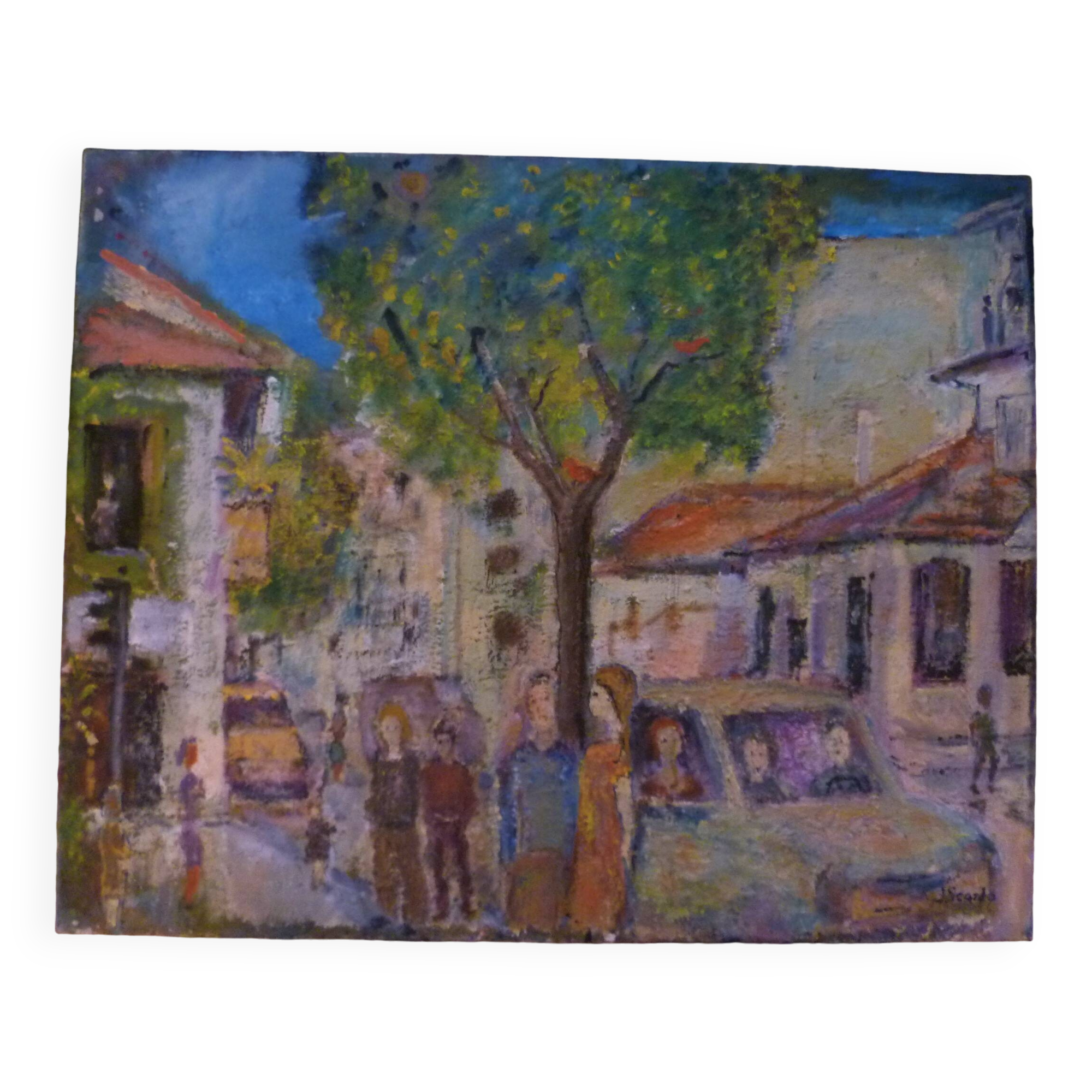 HS PAINTING/CANVAS GENRE SCENE ANIMAL STREET signed lower right J.SCARDO