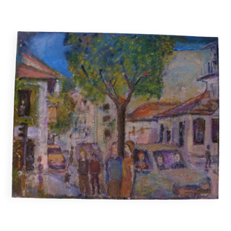 HS PAINTING/CANVAS GENRE SCENE ANIMAL STREET signed lower right J.SCARDO