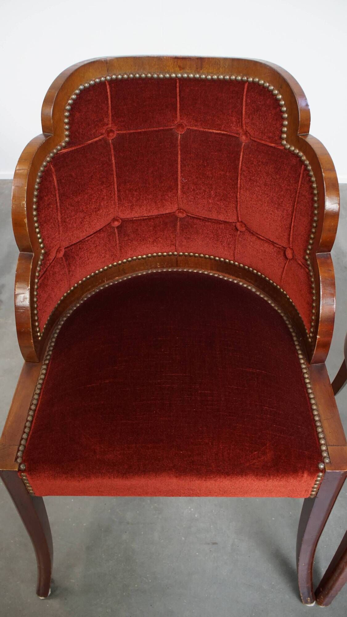 Set of 4 Art Deco Dining Chairs with Red Upholstery and Wooden Backs