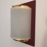 Four vintage gold wall lights with opaline globes on wooden support