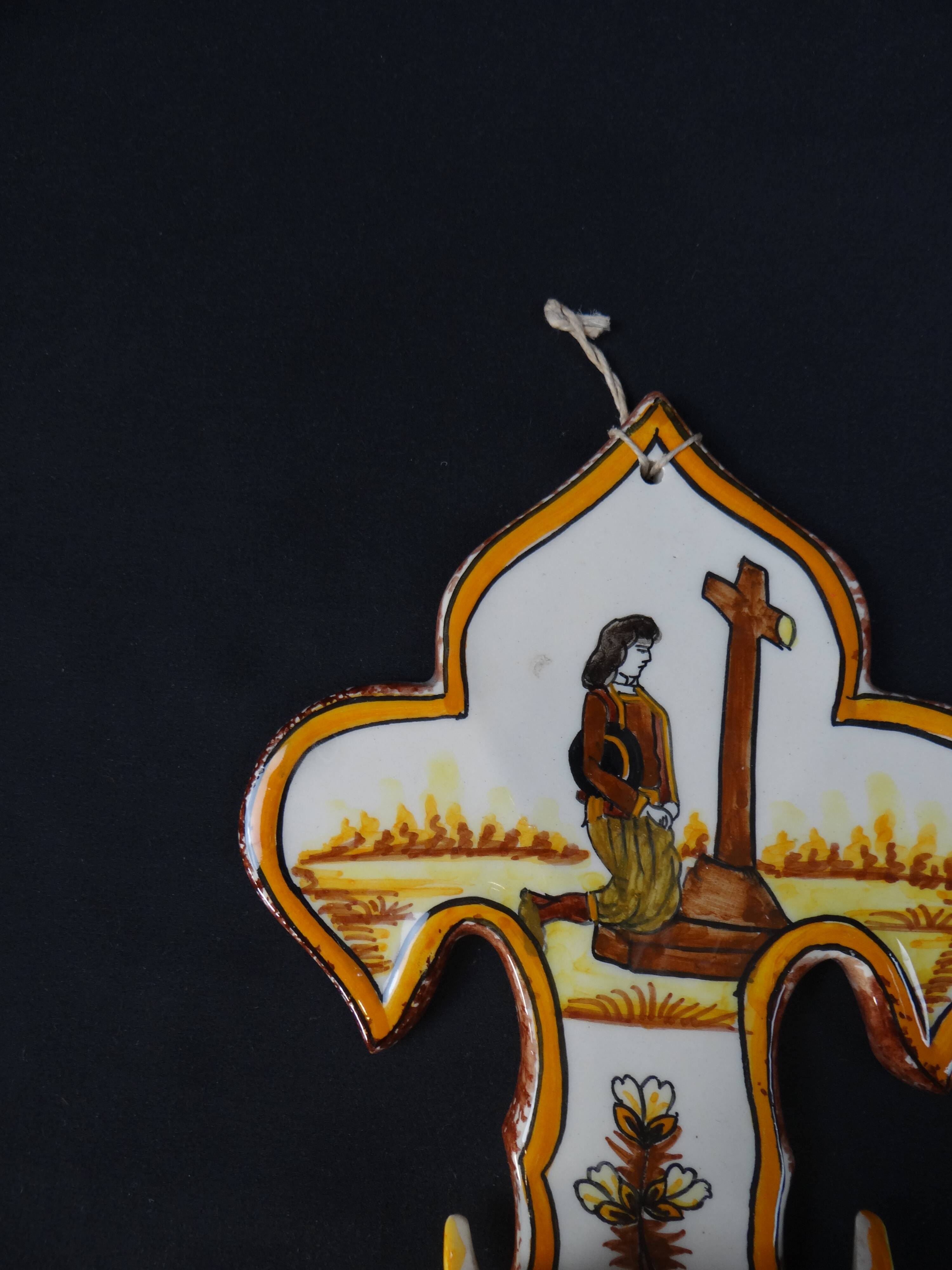 Polychrome earthenware holy water font signed Henriot Quimper from the 60s vintage