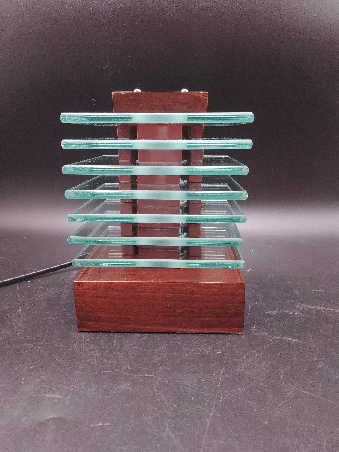 Desny Demeter glass and wood lamp, modernist art deco reissue