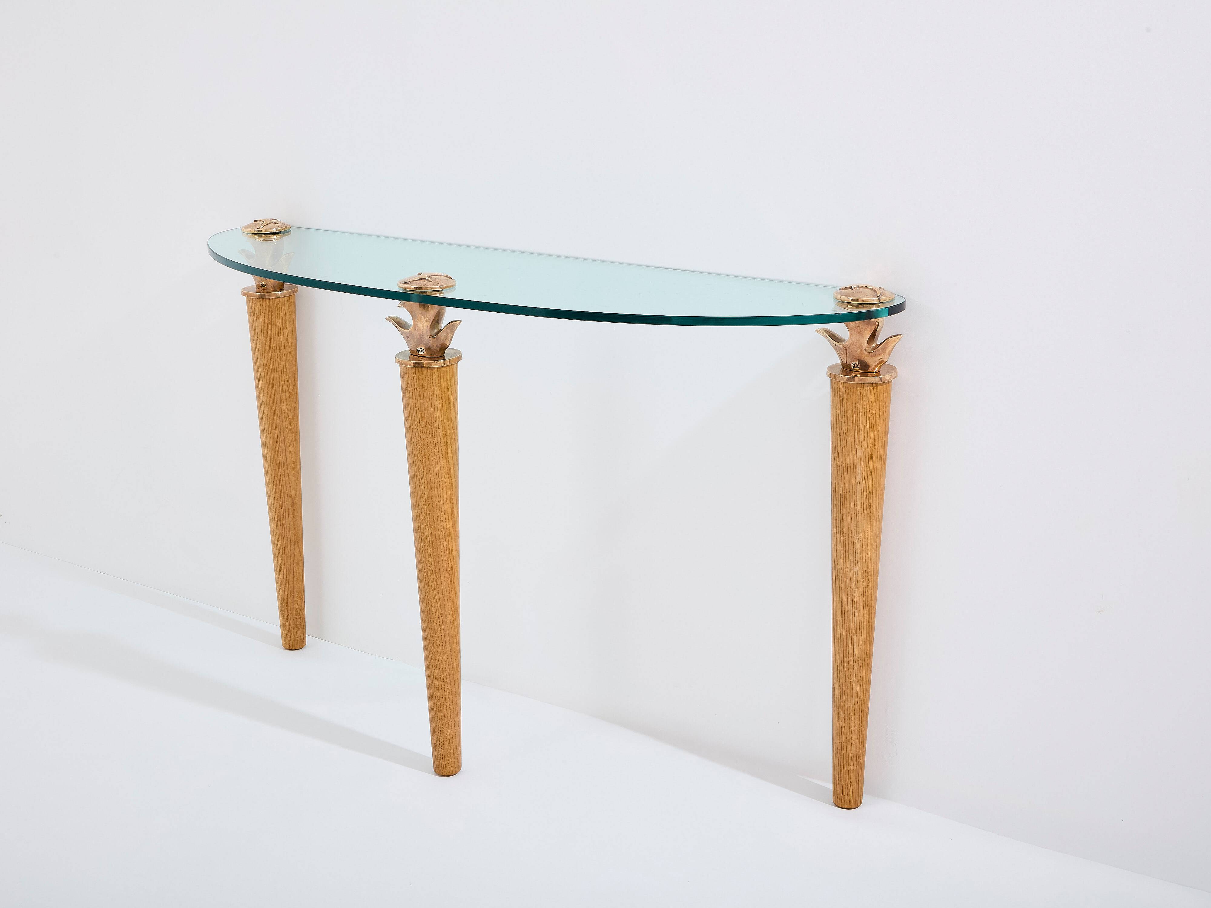 Console chêne massif et bronze verre signée Garouste & Bonetti 1995