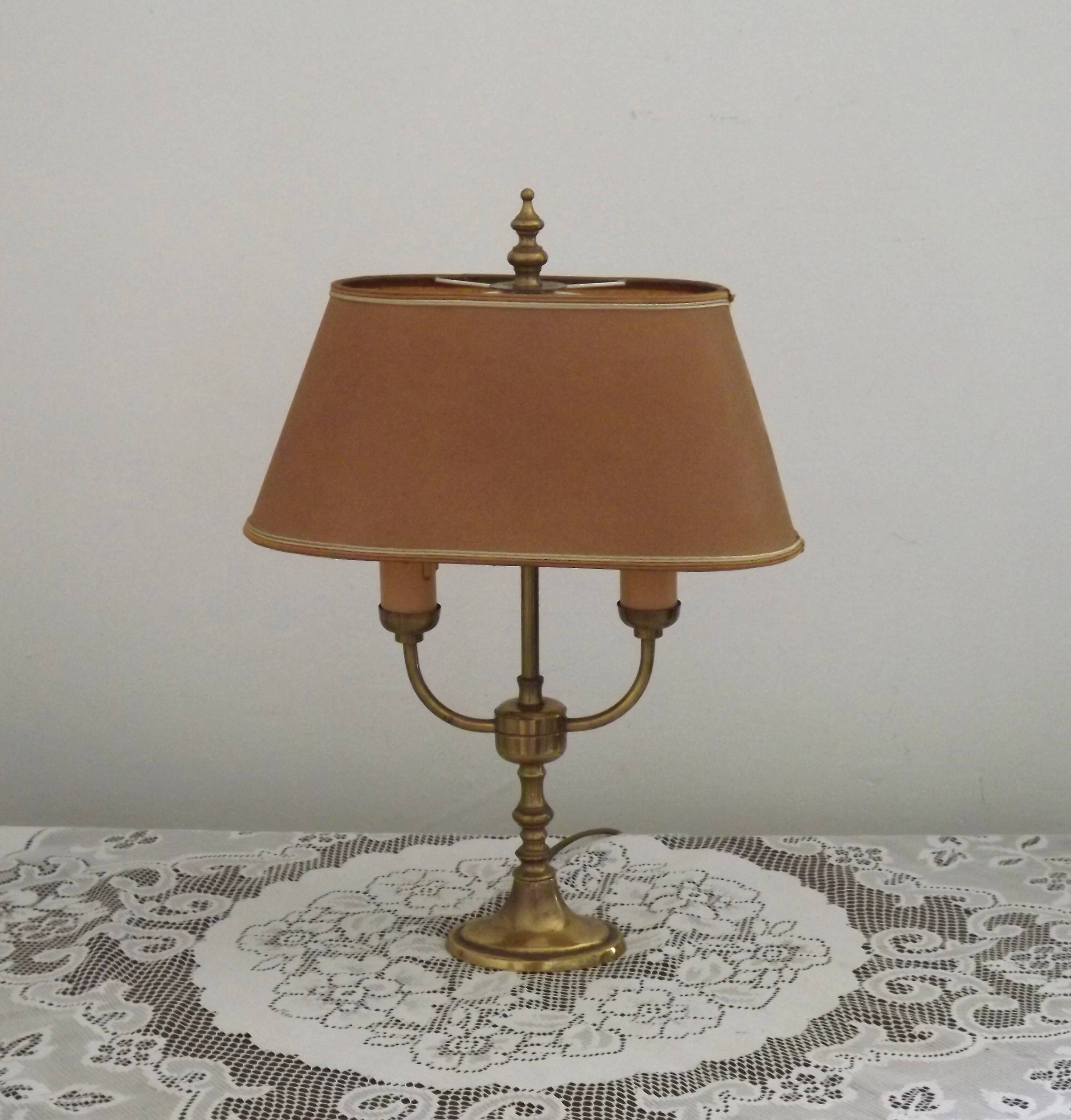 French Mid Century Brass Boulotte 2 Light Table Lamp Brown Shade