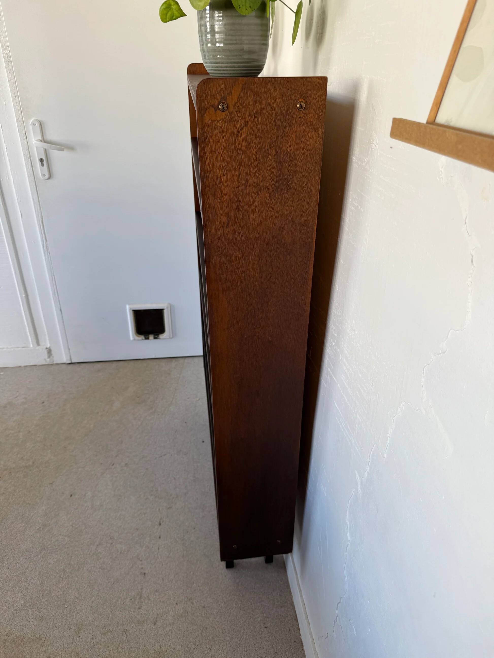 Vintage veneer bookcase with metal legs