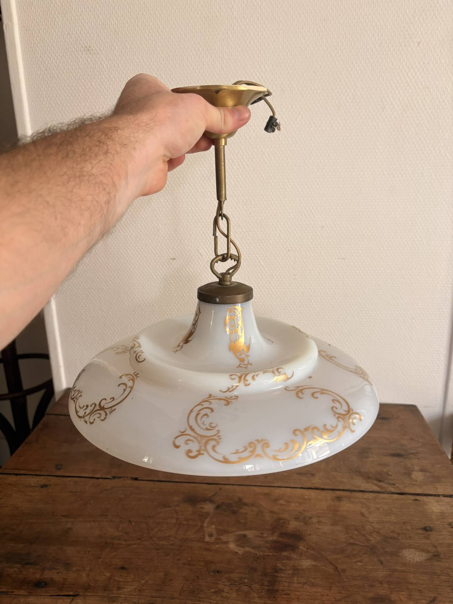 Opaline White Lustre Suspension Brass Gilding Retro Neo Rococo
