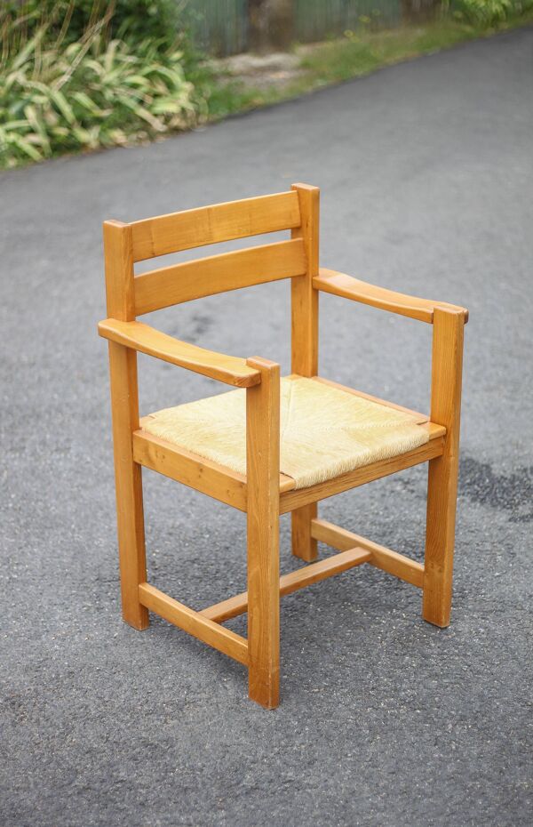 Fauteuil vintage, fauteuil bois orme Maison Regain, fauteuil paillé vintage