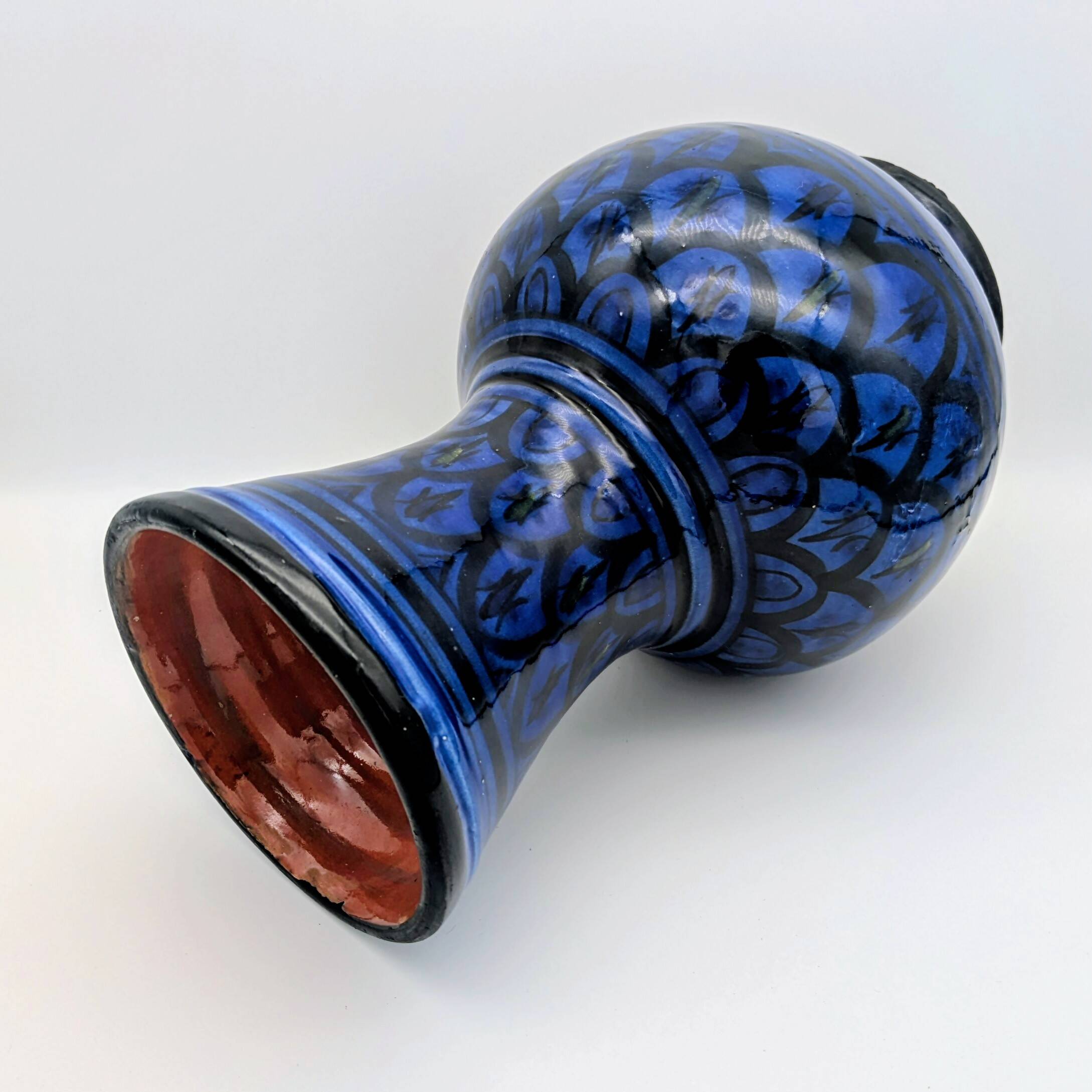 Large Baluster Vase in Safi Ceramic - Blue Black Geometric Design - Morocco