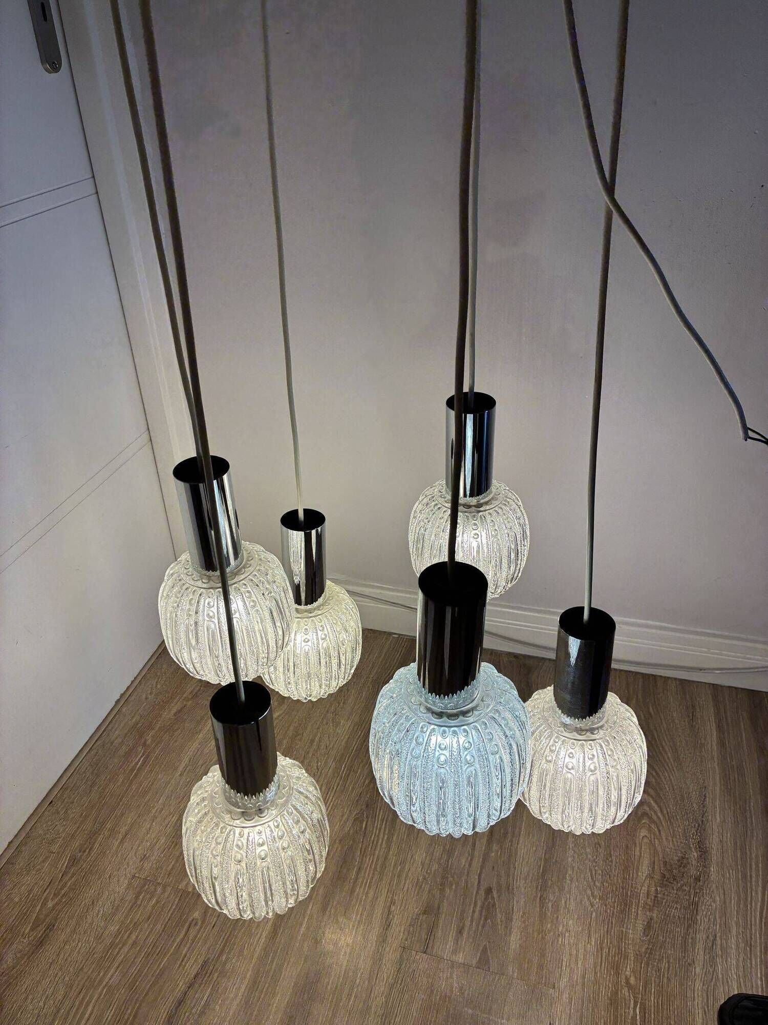 Sölken Leuchten cascade pendant lamp, textured glass and chrome, 1970s