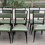 6 Italian design dining chairs in Scandinavian style with wood and olive green leather.