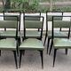 6 Italian design dining chairs in Scandinavian style with wood and olive green leather.