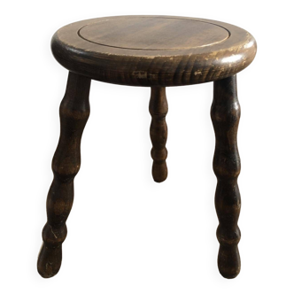 Ancien tabouret tripode bois tourné pieds boules