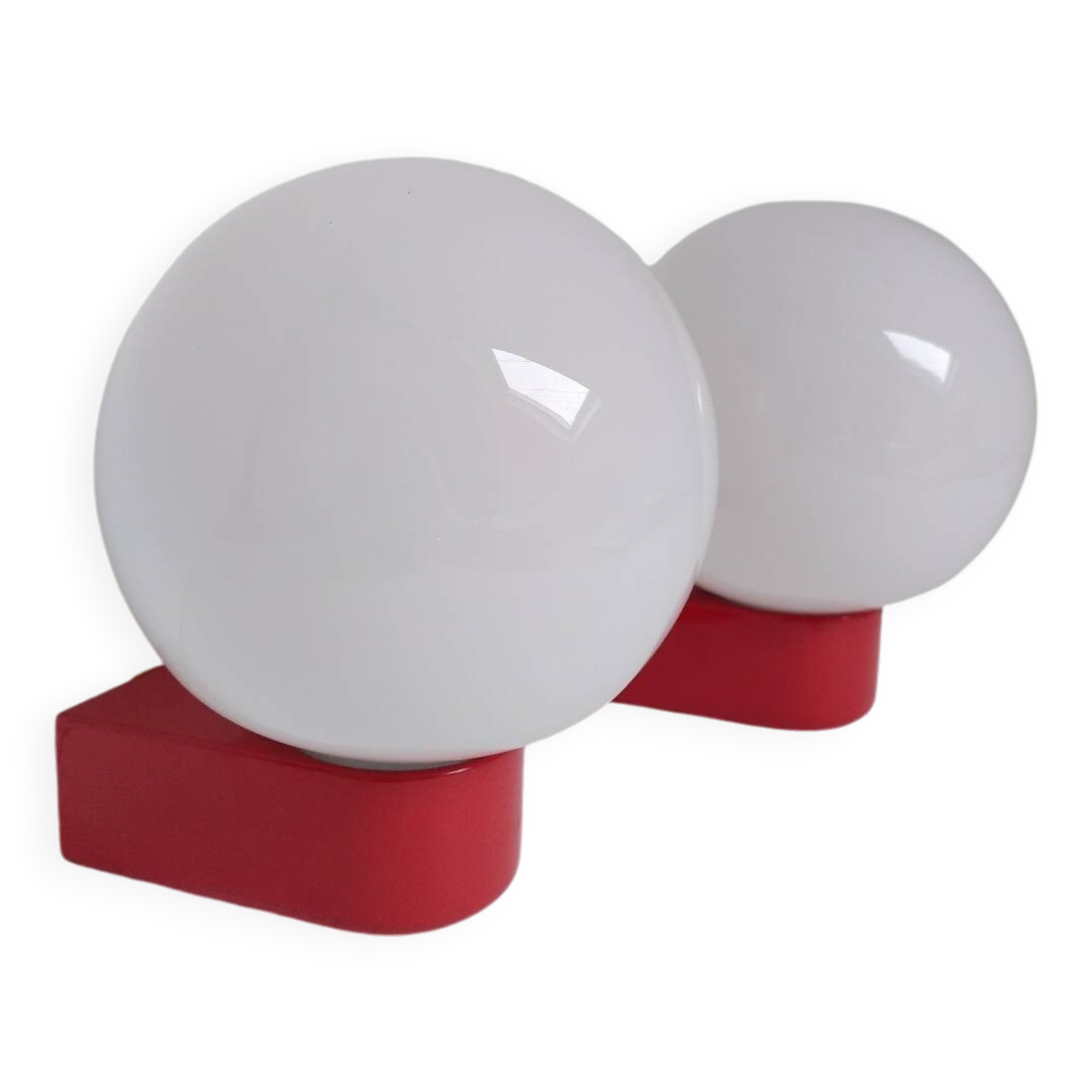 2 postmodern opaline and red metal wall lights, 1980